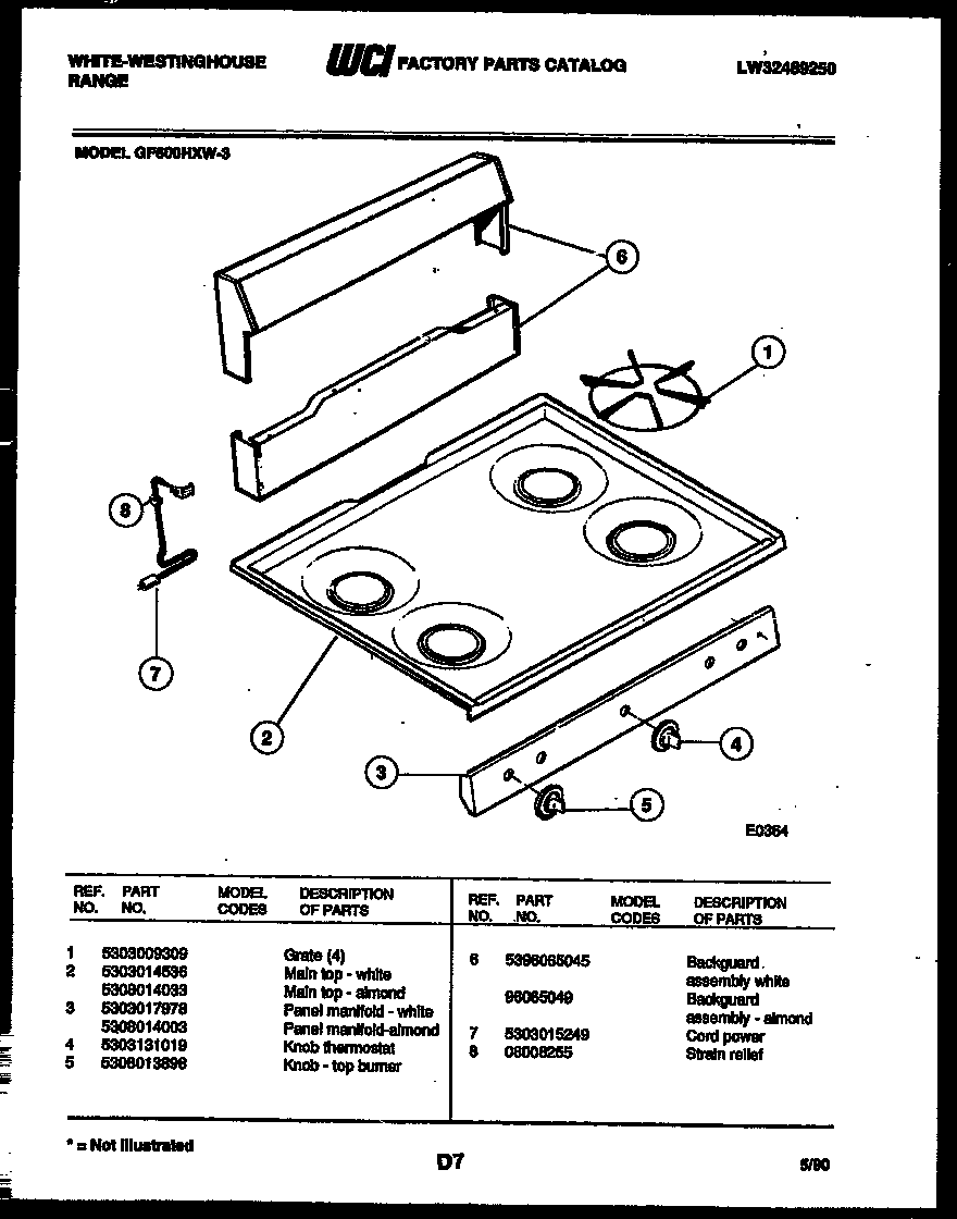 White-Westinghouse GF600HXW3 backguard and cooktop parts diagram