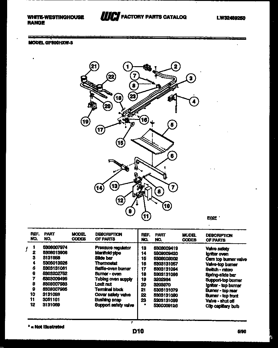White-Westinghouse GF600HXW3 burner, manifold and gas control diagram