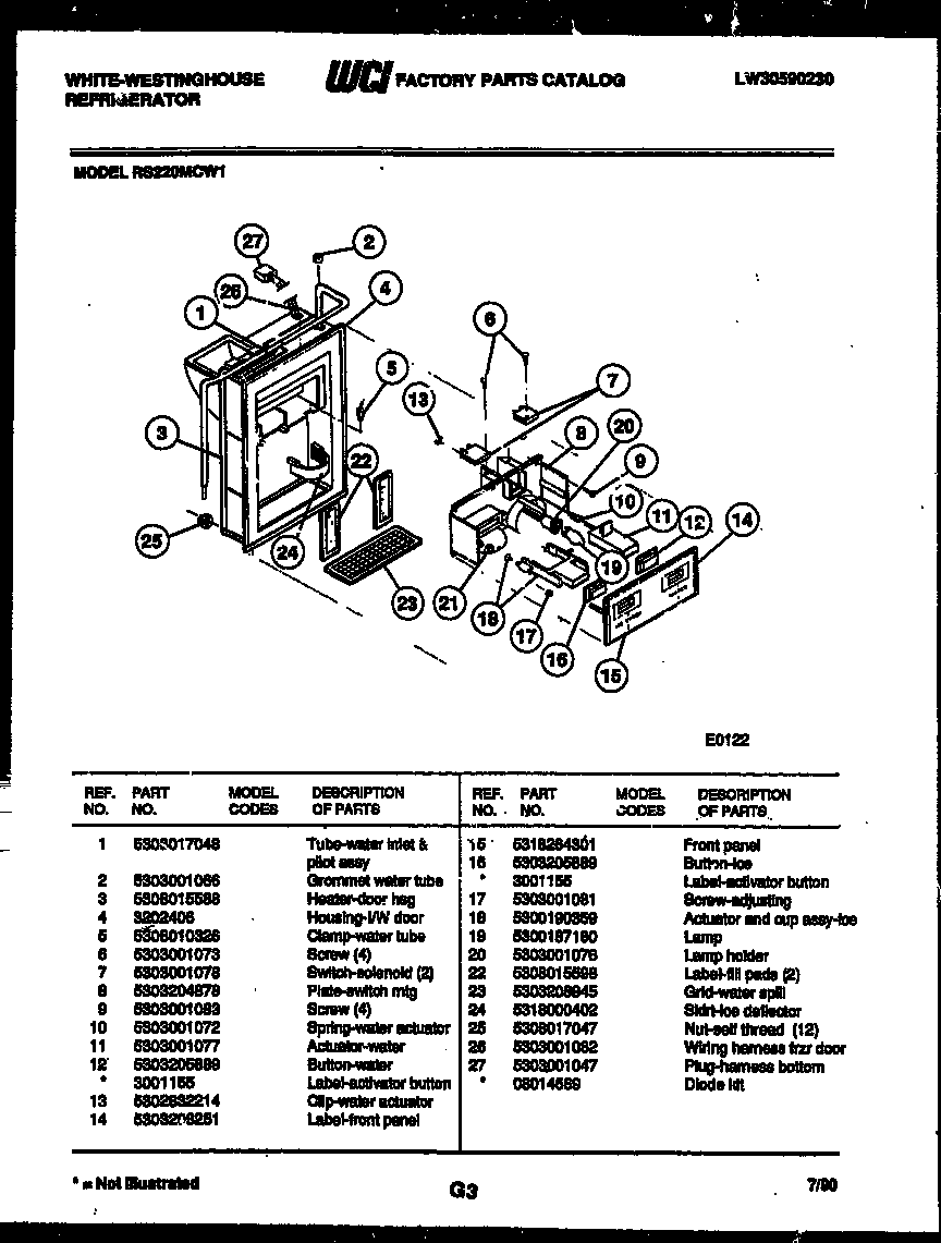 White-Westinghouse RS220MCD1 ice door, dispenser and water tank diagram
