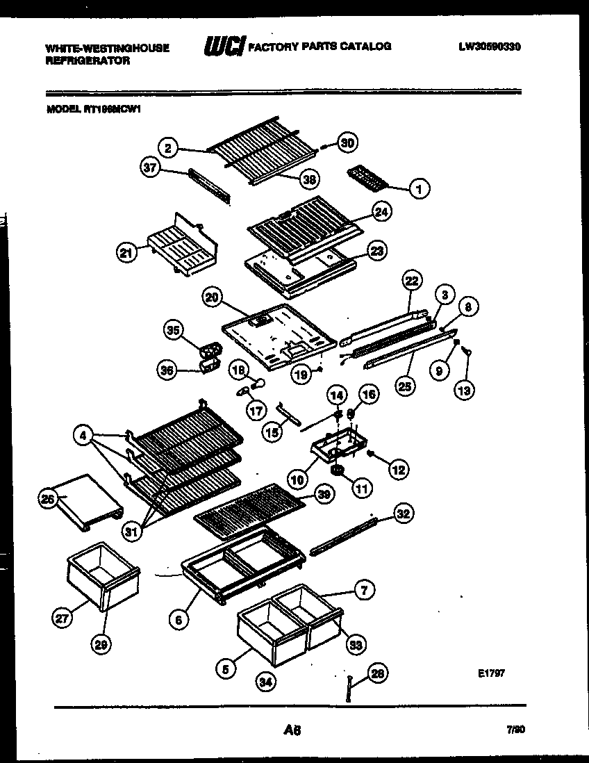 White-Westinghouse RT196MCF1 shelves and supports diagram