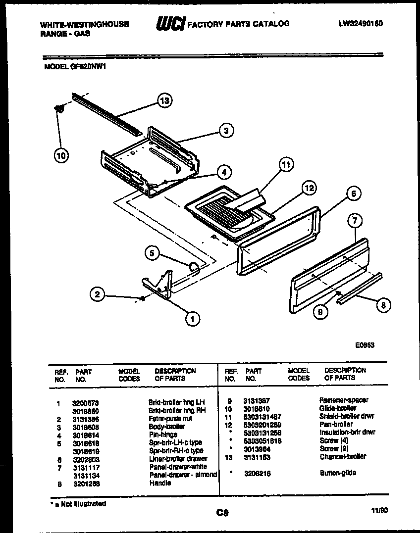 White-Westinghouse GF620ND1 broiler drawer parts diagram
