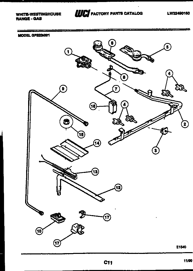 White-Westinghouse GF620ND1 burner, manifold and gas control diagram