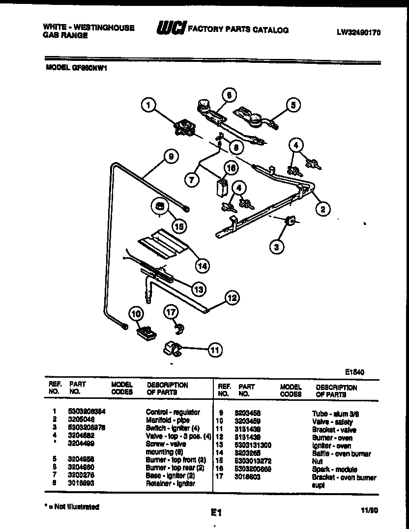 White-Westinghouse GF860NW1 burner, manifold and gas control diagram