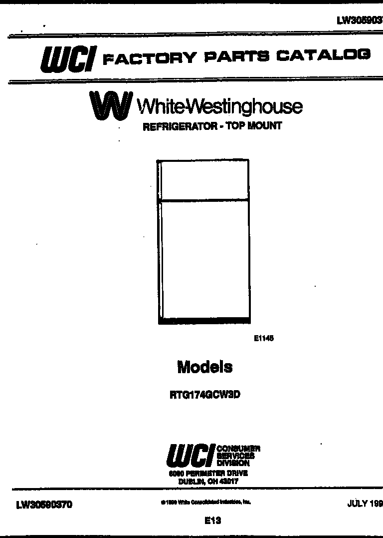White-Westinghouse RTG174GCH3D cover page diagram