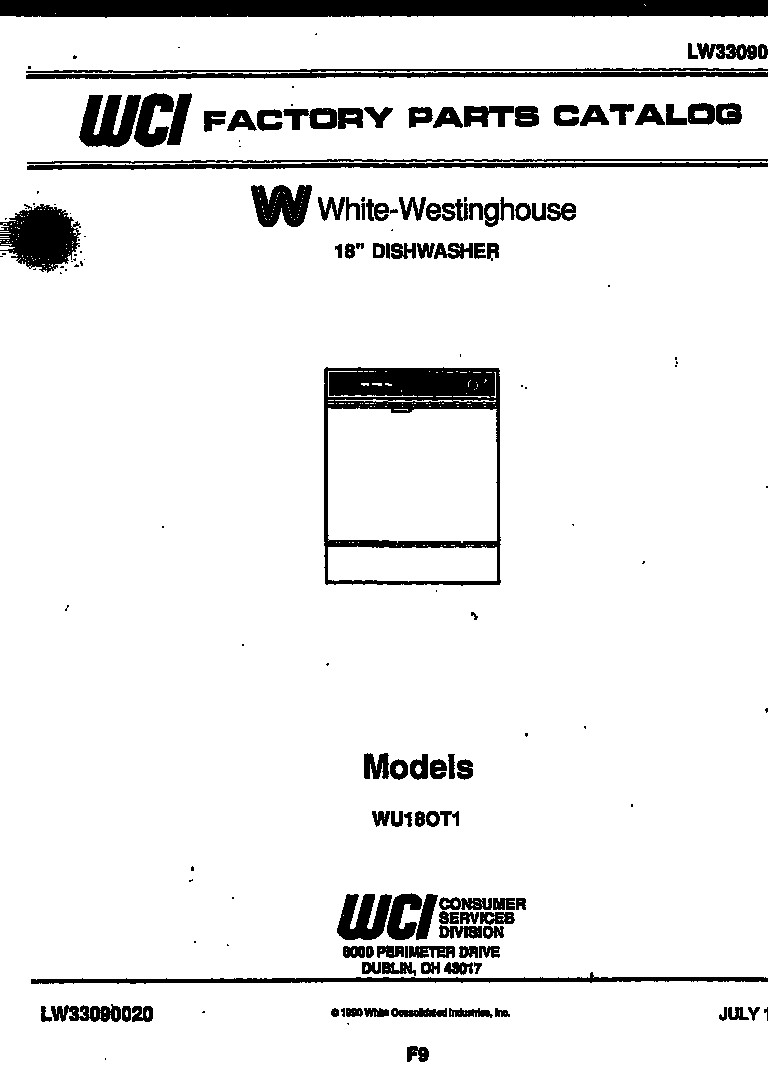 White-Westinghouse WU180TR1 cover sheet diagram