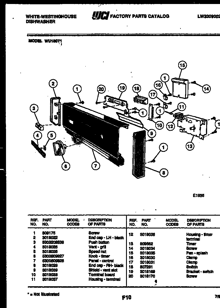 White-Westinghouse WU180TR1 console and control parts diagram