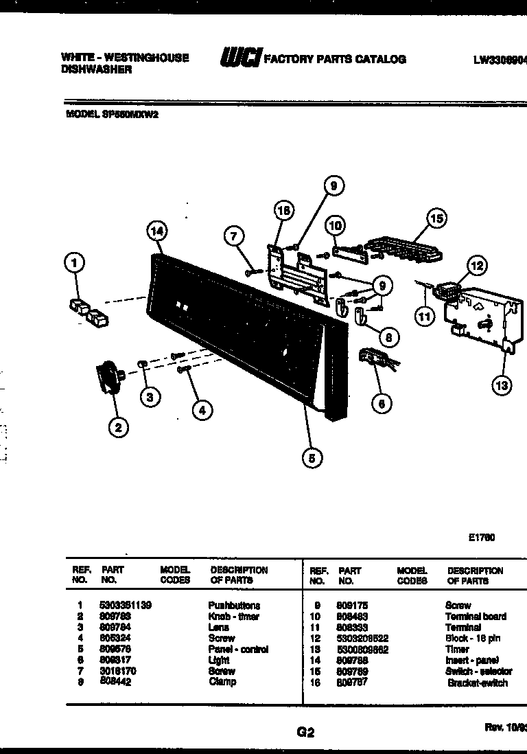 White-Westinghouse SP560MXF2 console and control parts diagram