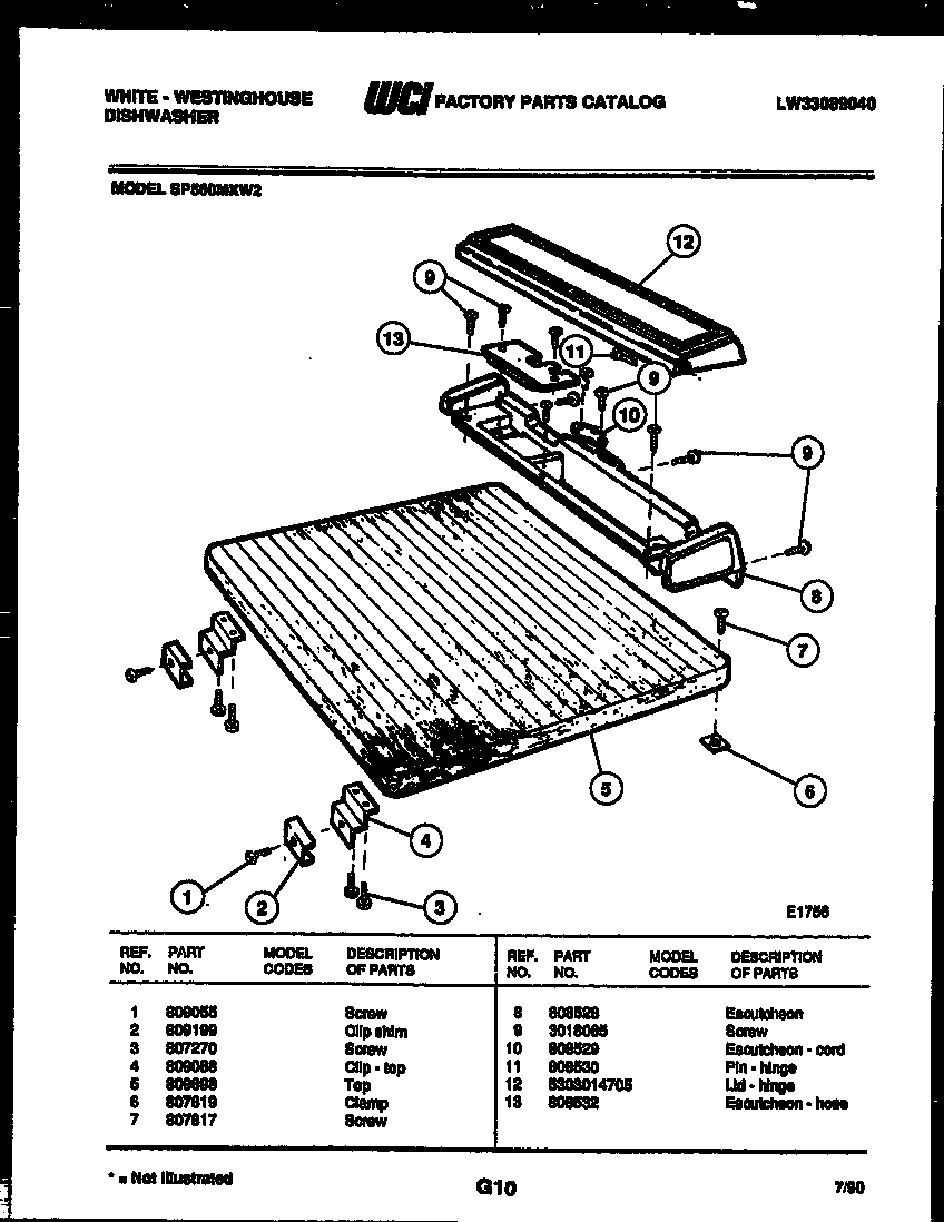 White-Westinghouse SP560MXF2 top and miscellaneous parts diagram