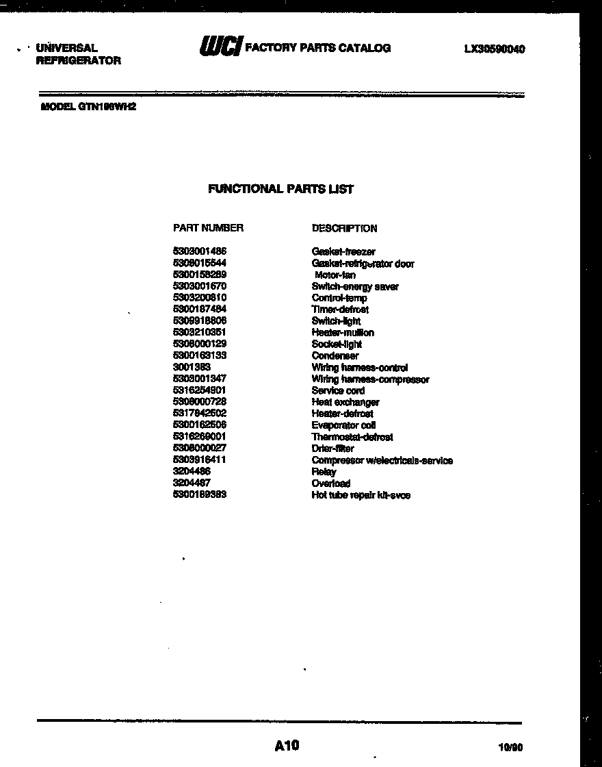 White-Westinghouse RT194LCF1 functional parts list diagram