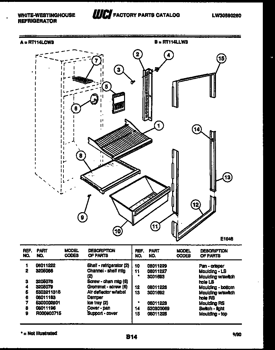White-Westinghouse RT114LLH3 shelves and supports diagram