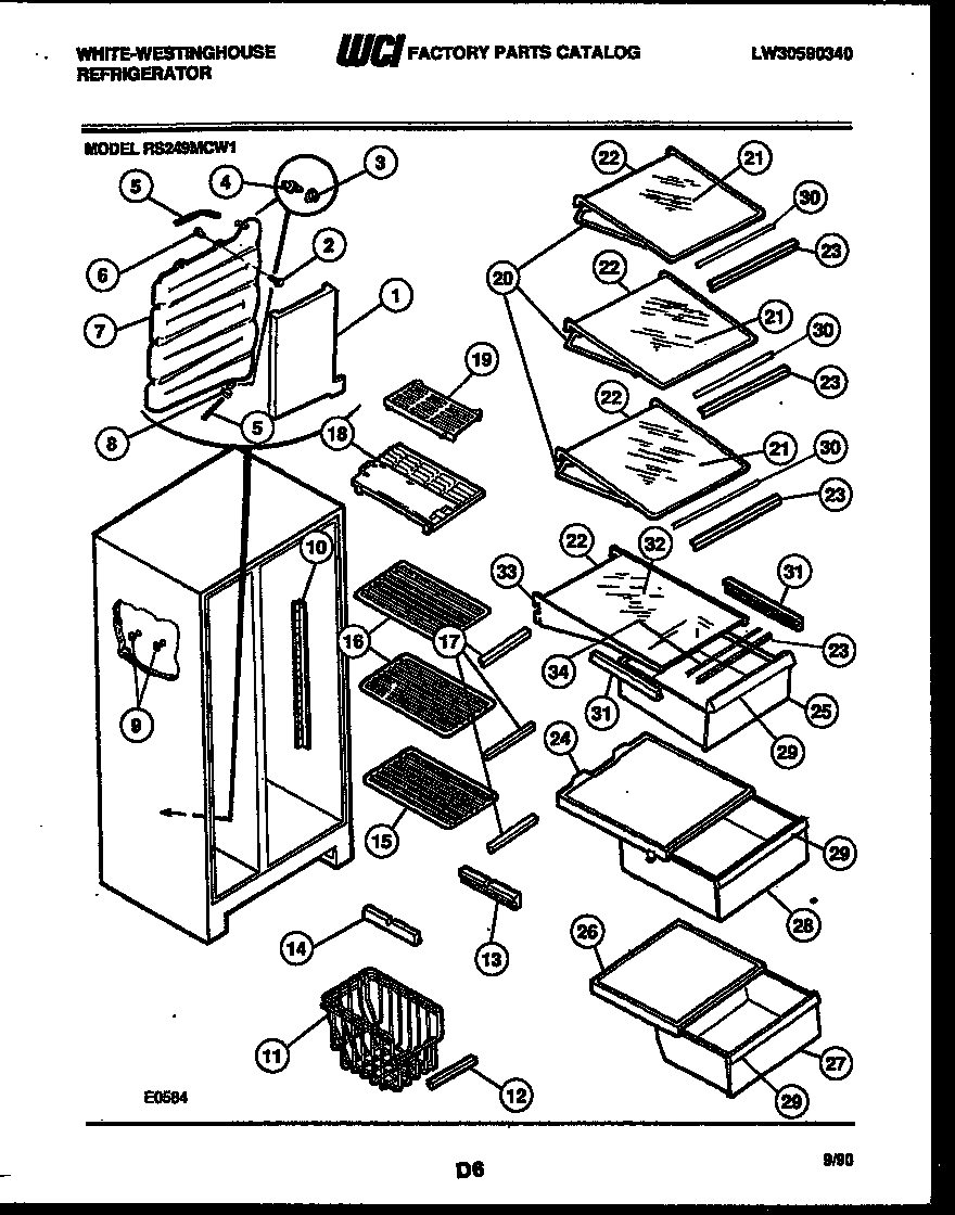 White-Westinghouse RS249MCW1 shelves and supports diagram