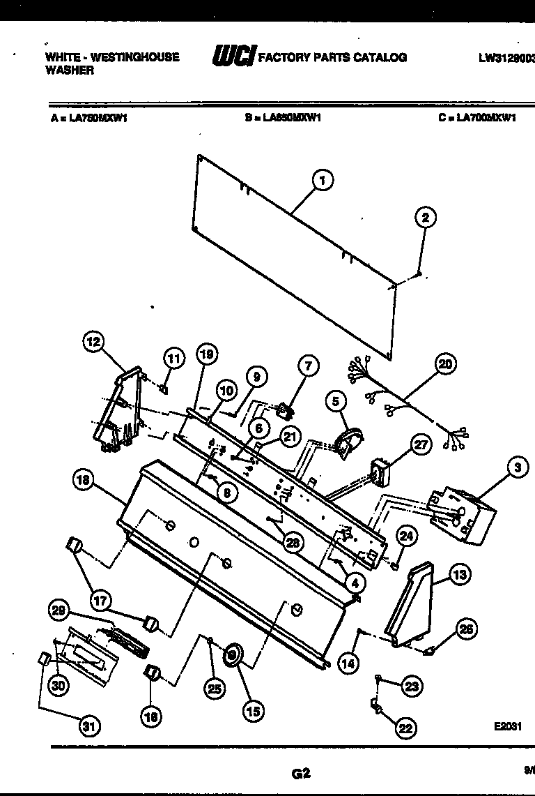 White-Westinghouse LA750MXD1 console and control parts diagram