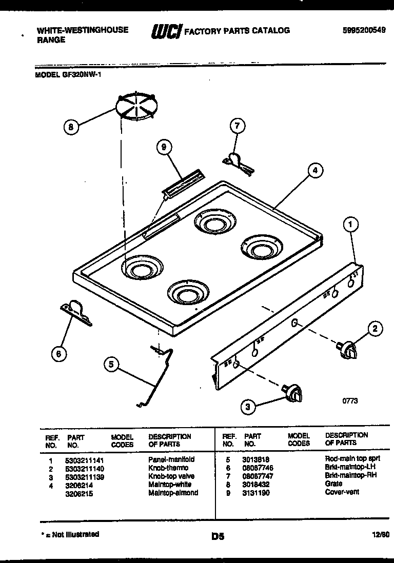 White-Westinghouse GF320NW1 cooktop parts diagram