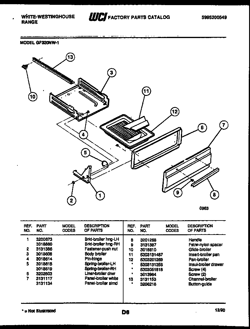 White-Westinghouse GF320NW1 broiler drawer parts diagram