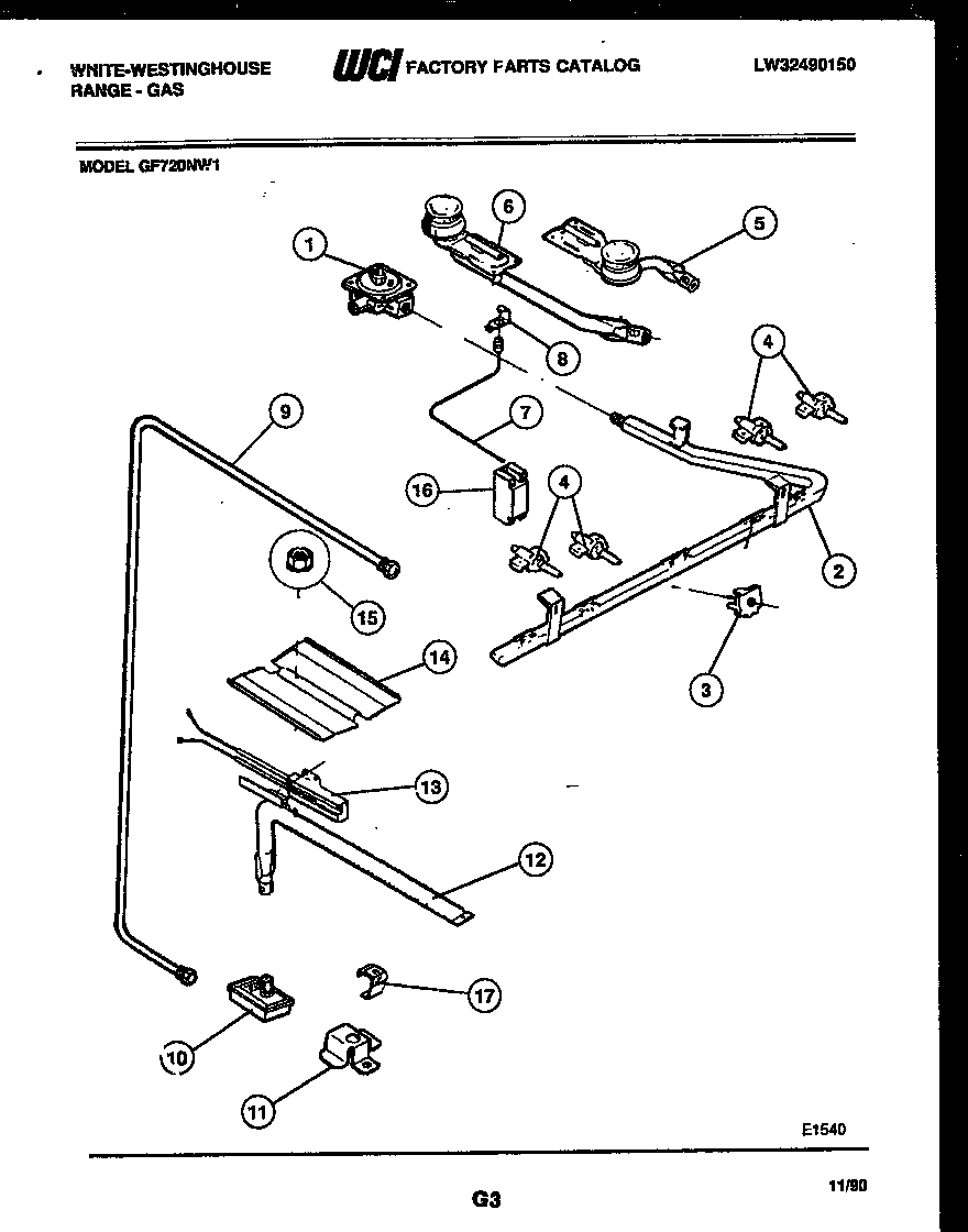 White-Westinghouse GF720ND1 burner, manifold and gas control diagram