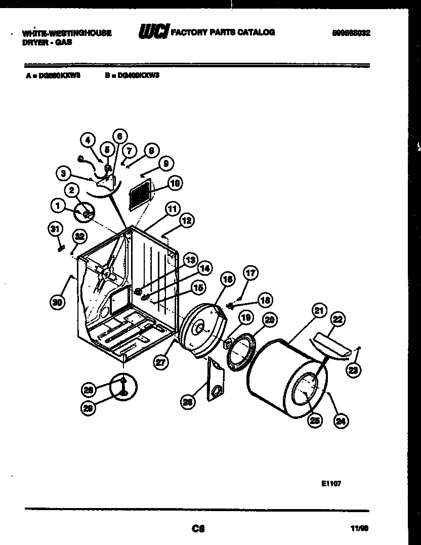 White-Westinghouse DG400KXW3 cabinet and component parts diagram