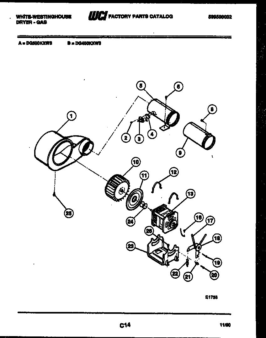 White-Westinghouse DG400KXW3 motor and blower parts diagram