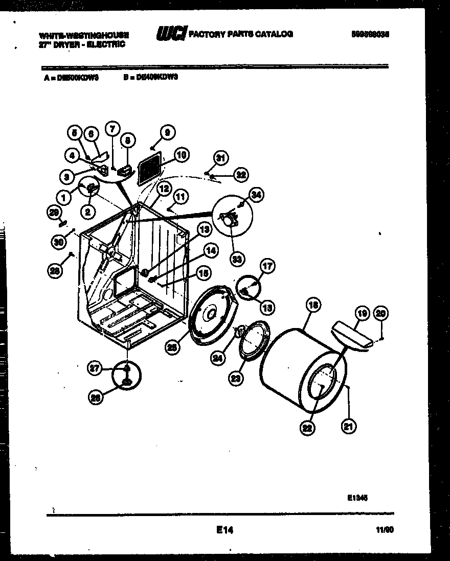White-Westinghouse DE500KDW3 cabinet and component parts diagram