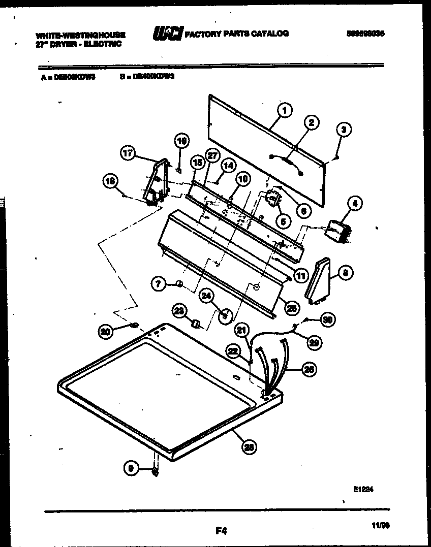 White-Westinghouse DE500KDW3 console and control parts diagram