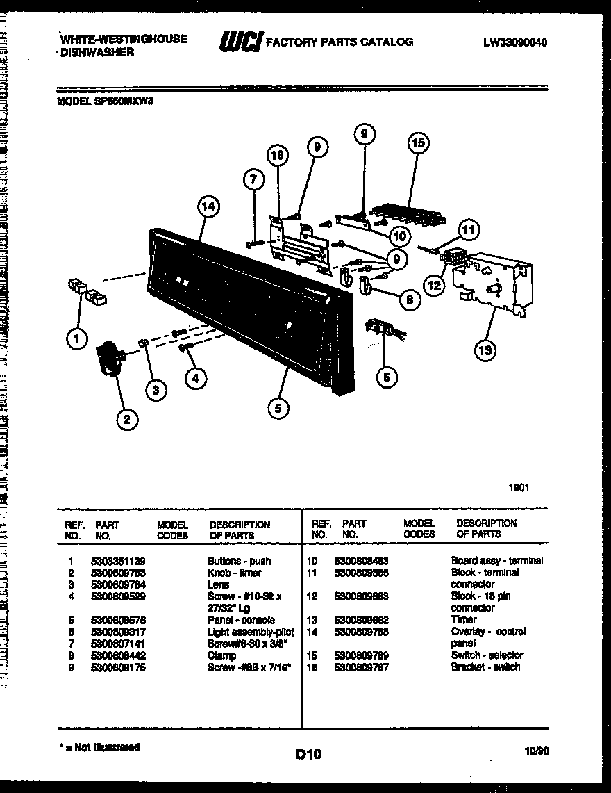 White-Westinghouse SP560MXF3 console and control parts diagram