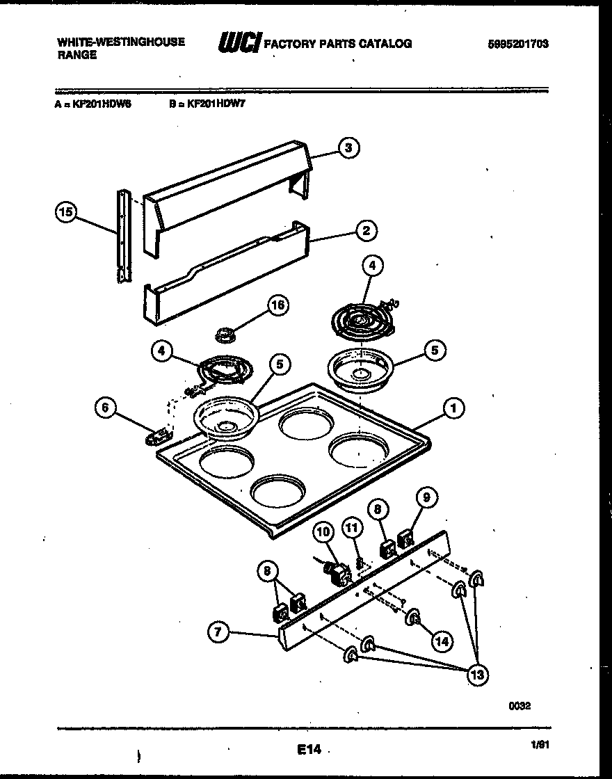 White-Westinghouse KF201HDD6 backguard and cooktop parts diagram