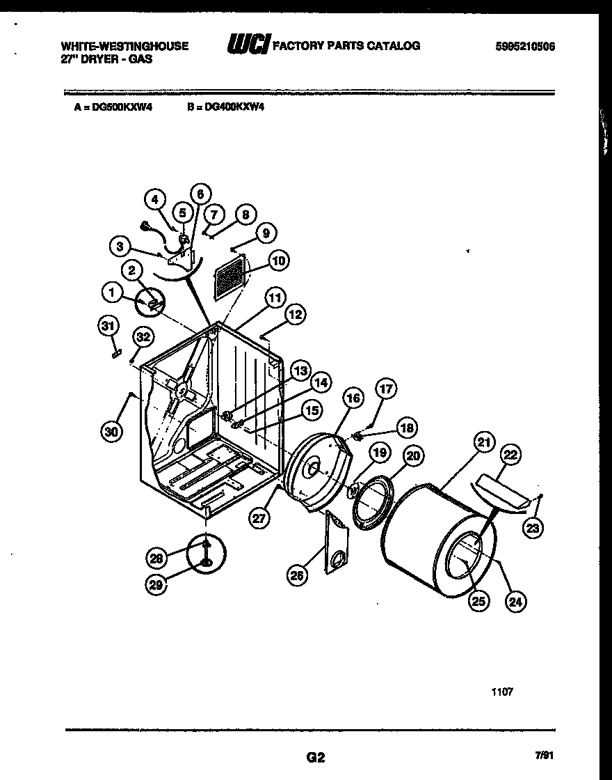 White-Westinghouse DG500KXD4 cabinet and component parts diagram