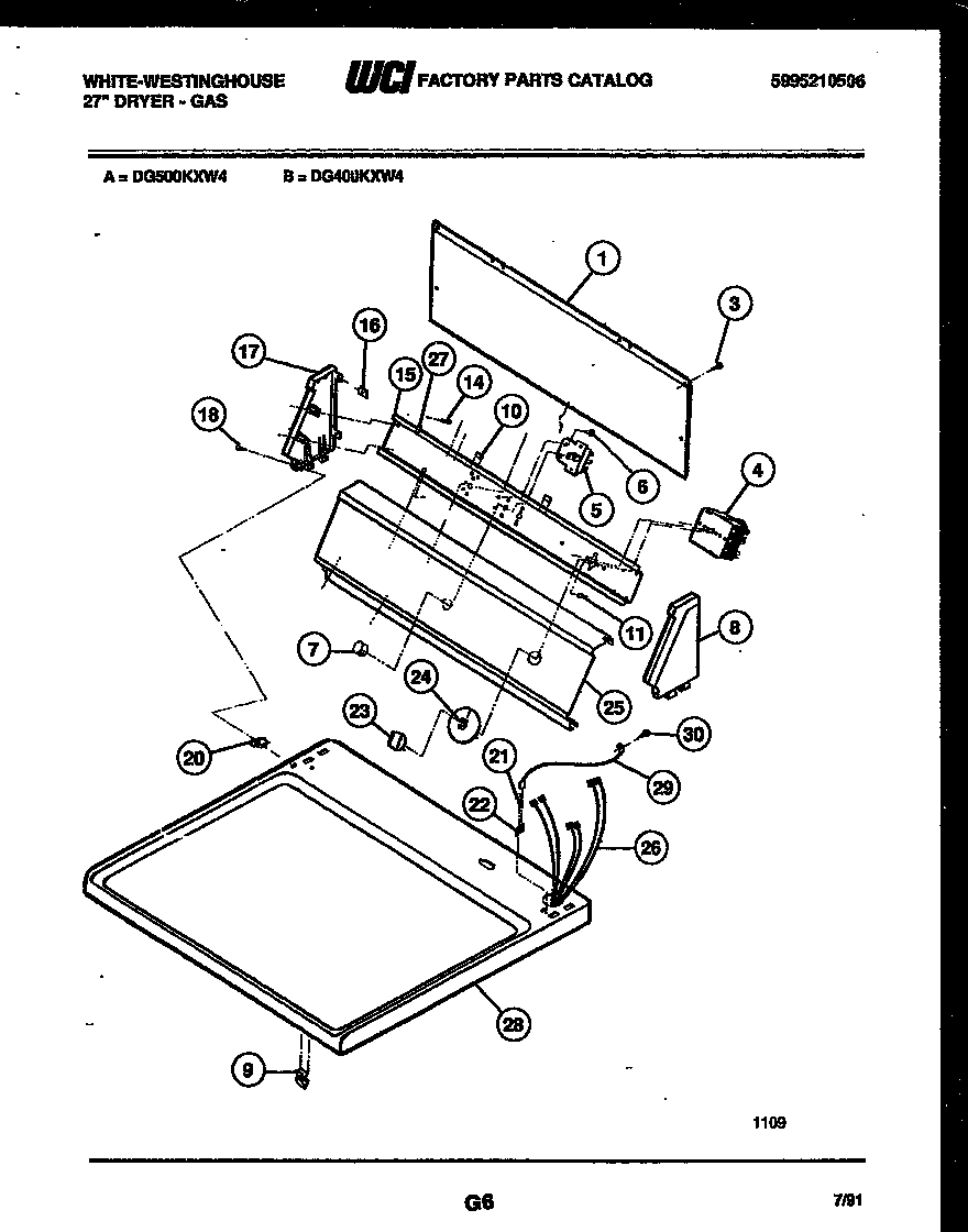 White-Westinghouse DG500KXD4 console and control parts diagram