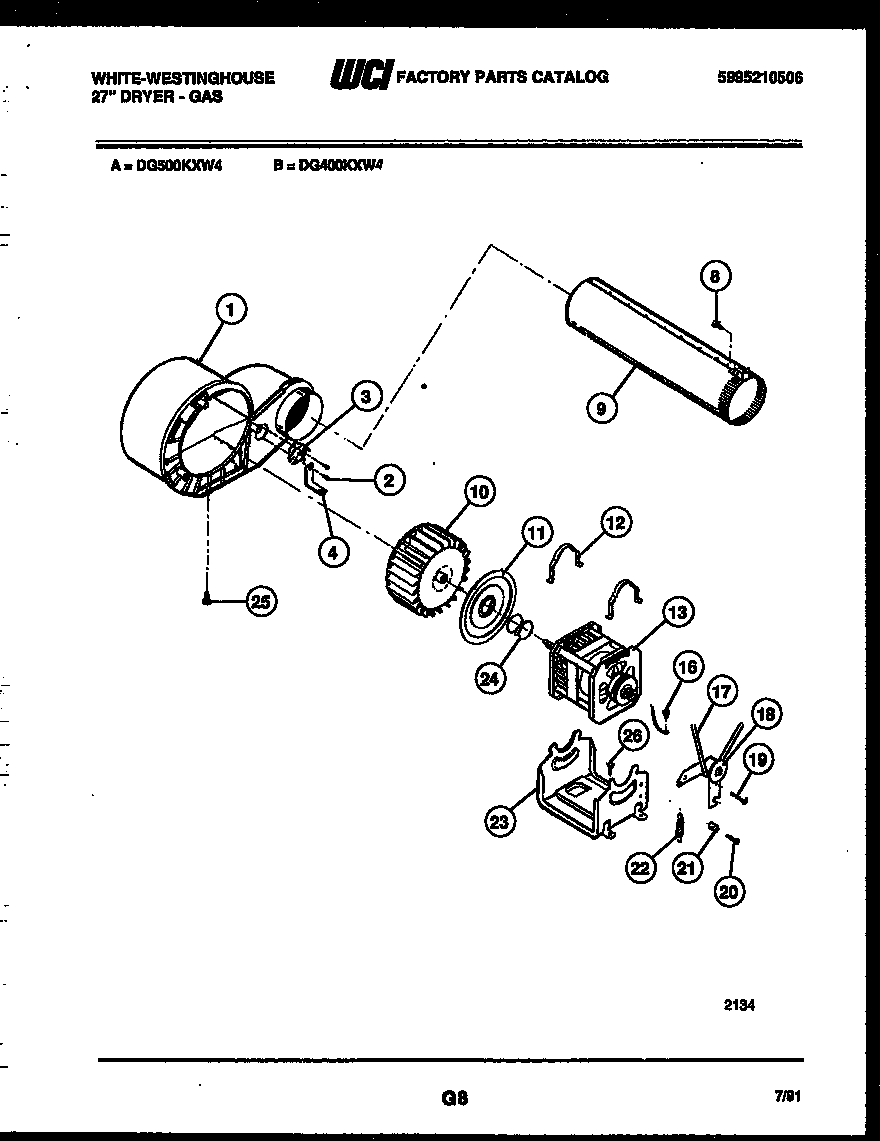 White-Westinghouse DG500KXD4 blower and drive parts diagram