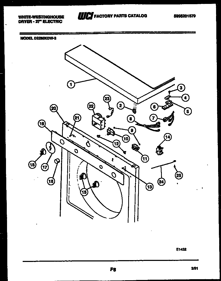 White-Westinghouse DE250KDW3 console and control parts diagram