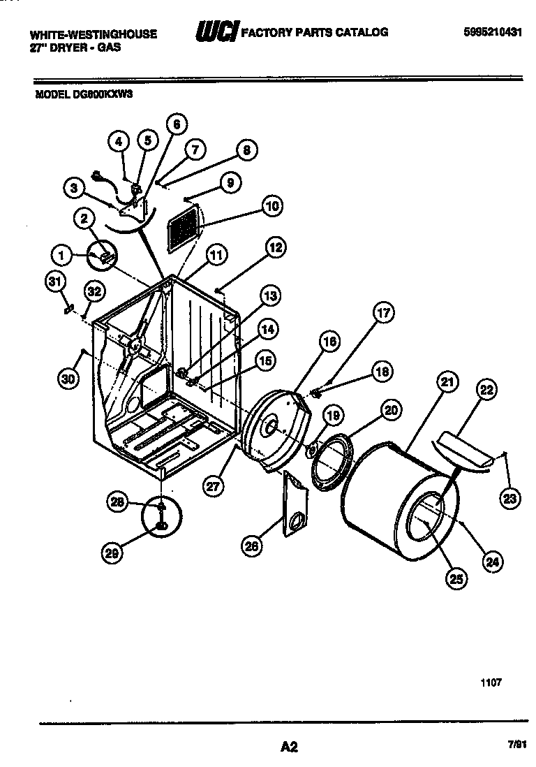 White-Westinghouse DG600KXW3 cabinet and component parts diagram