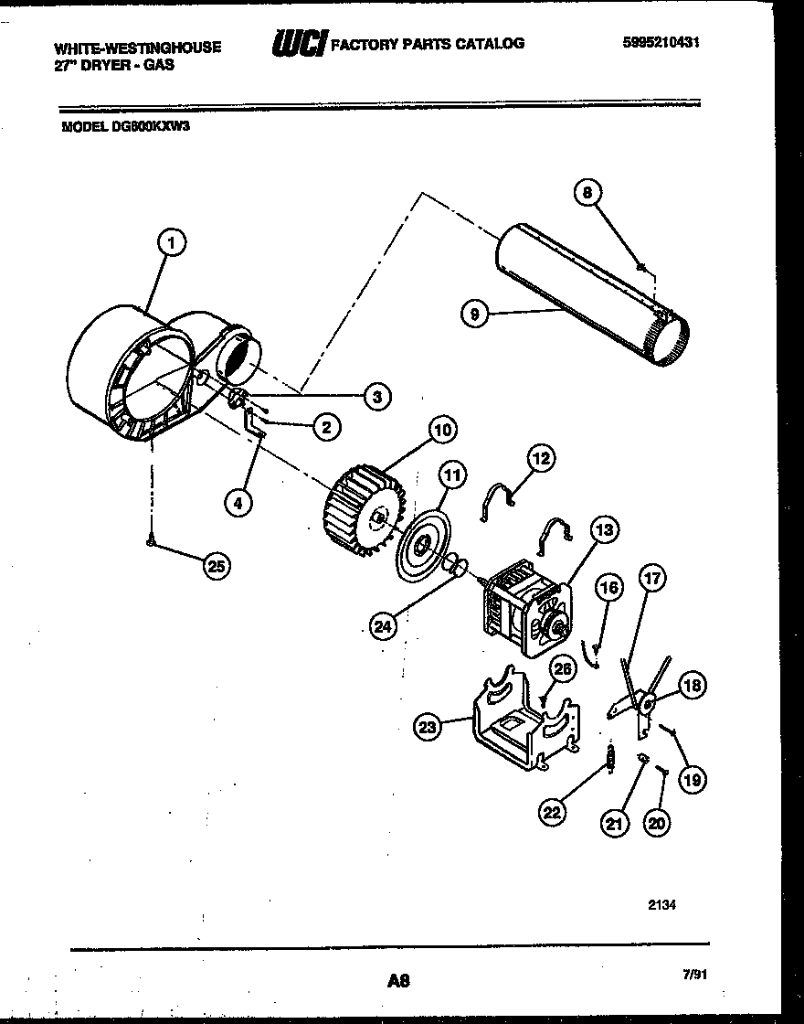 White-Westinghouse DG600KXW3 blower and drive parts diagram