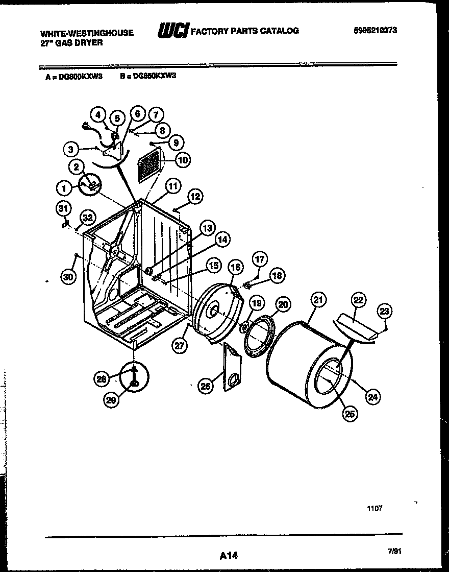 White-Westinghouse DG800KXW3 cabinet and component parts diagram