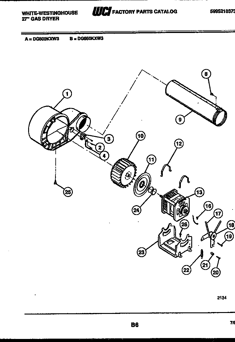 White-Westinghouse DG800KXW3 blower and drive parts diagram