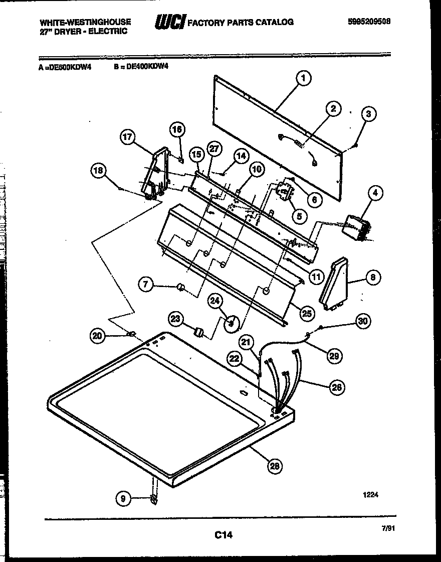 White-Westinghouse DE400KDD4 console and control parts diagram