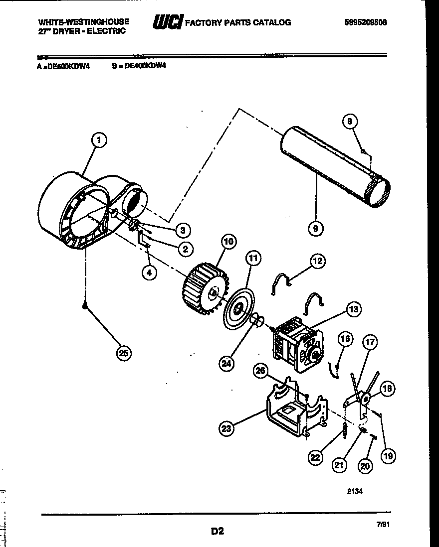 White-Westinghouse DE400KDD4 blower and drive parts diagram