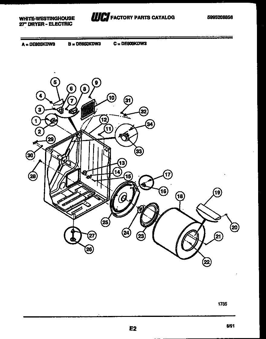 White-Westinghouse DE800KDH3 cabinet and component parts diagram