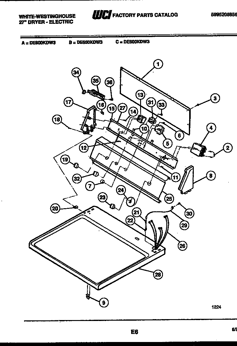 White-Westinghouse DE800KDH3 console and control parts diagram