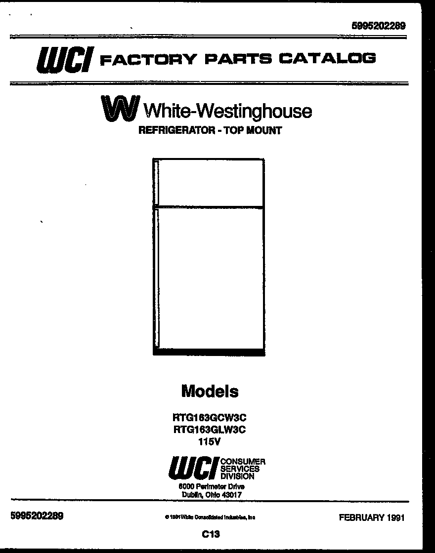 White-Westinghouse RTG163GLW3C cover page diagram