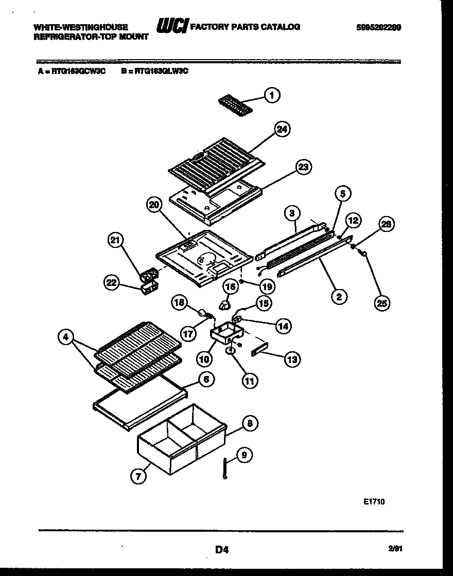 White-Westinghouse RTG163GLW3C shelves and supports diagram