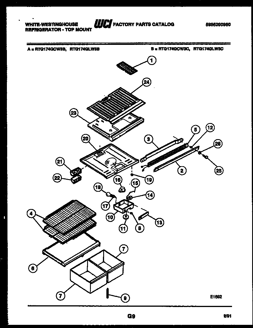 White-Westinghouse RTG174GCV3C shelves and supports diagram