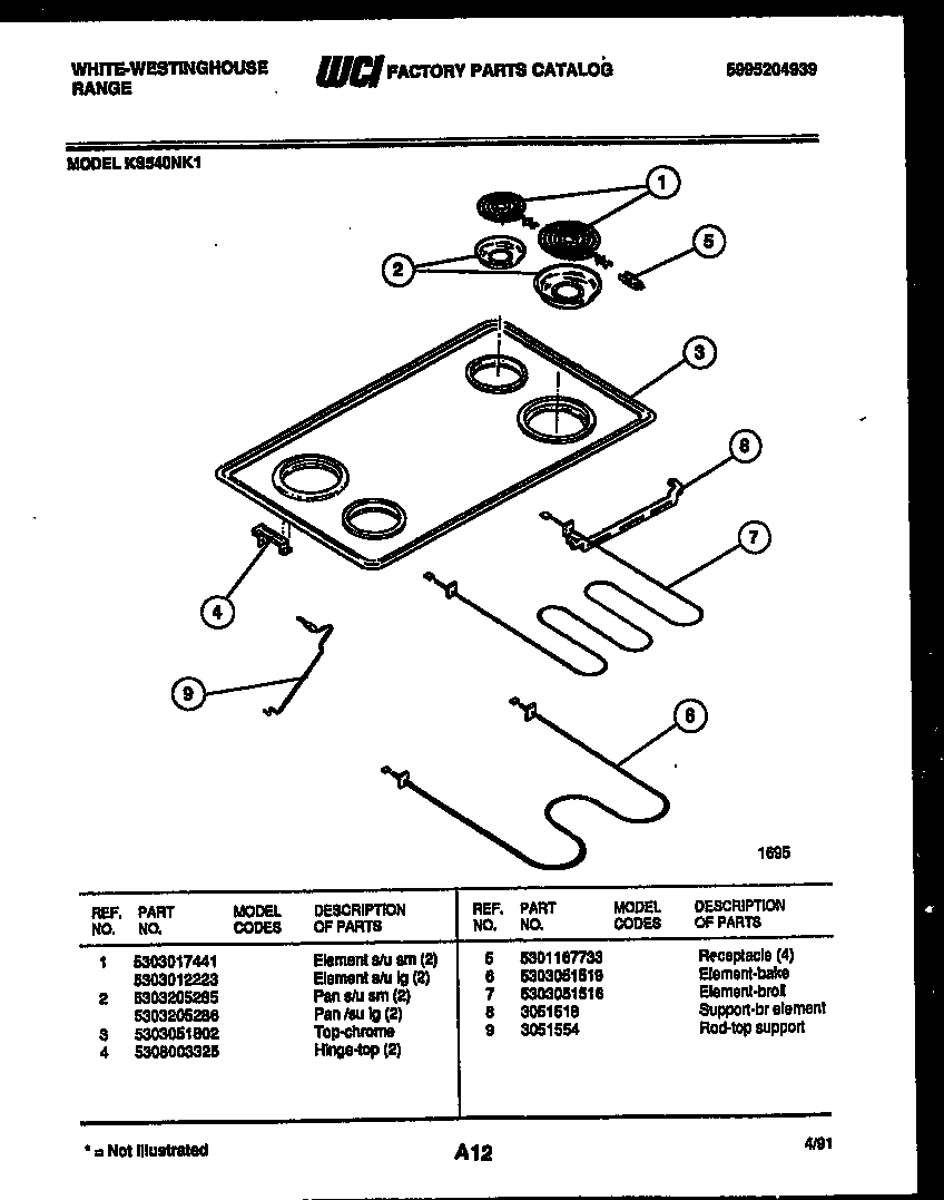 White-Westinghouse KS540NKW1 cooktop and broiler parts diagram