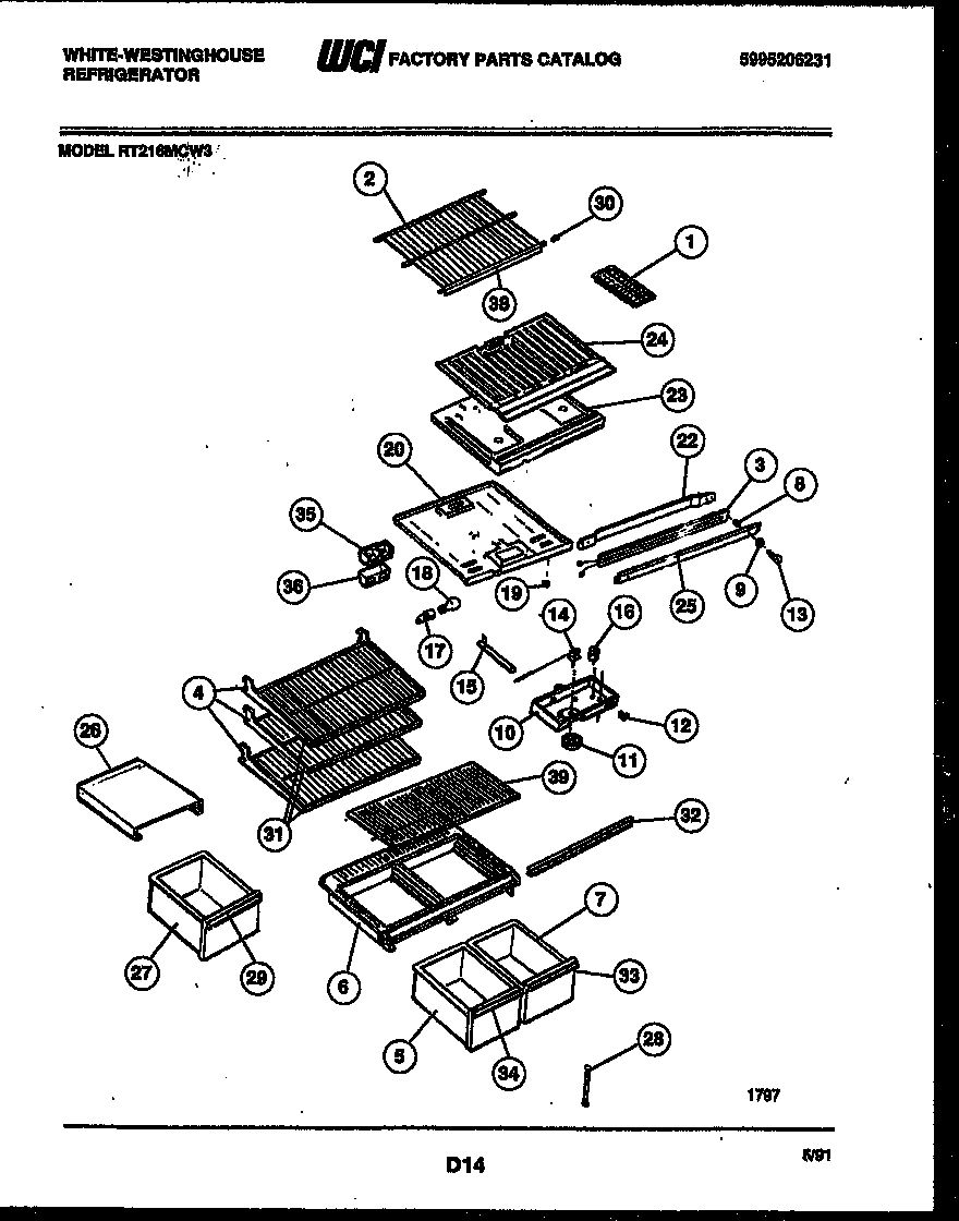 White-Westinghouse RT216MCW3 shelves and supports diagram