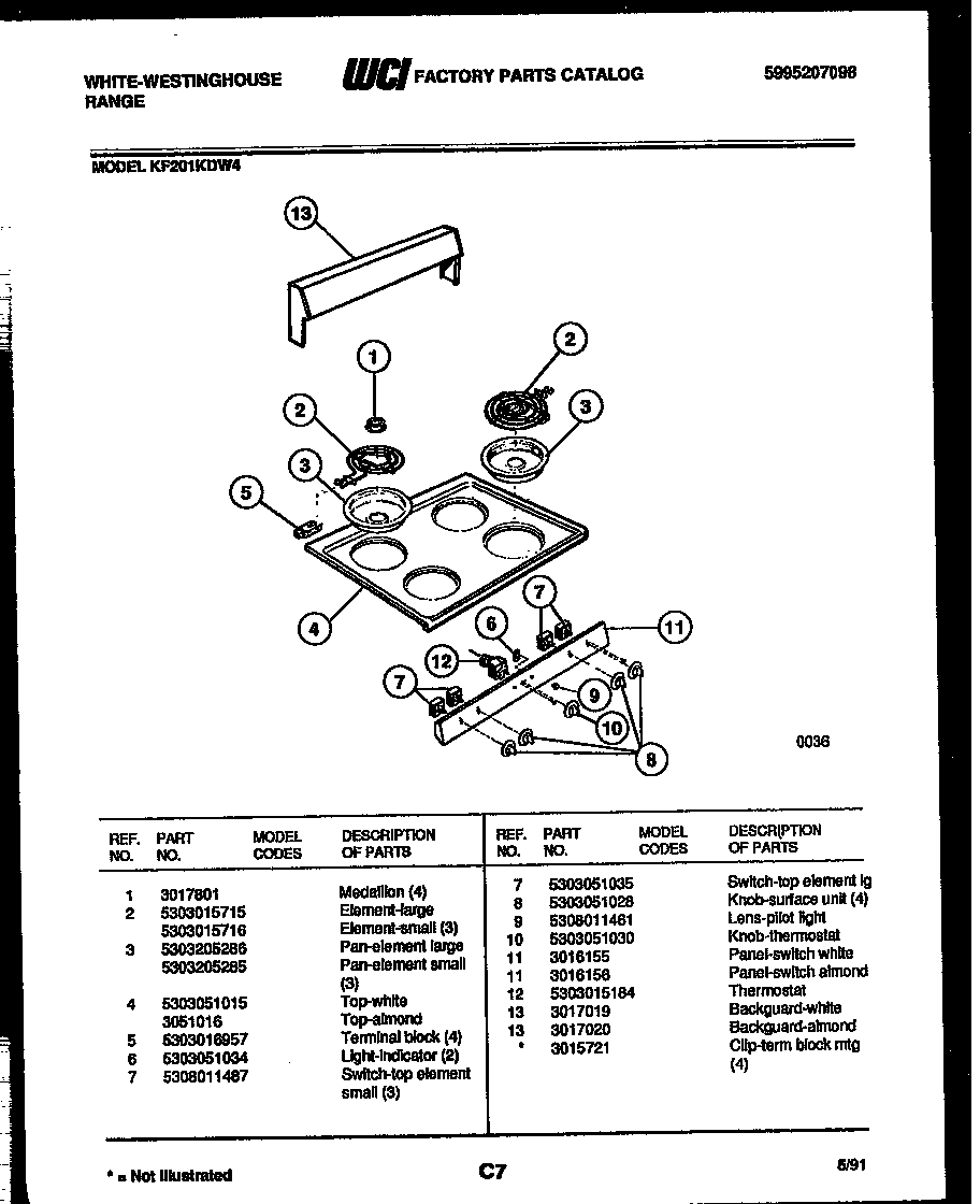 White-Westinghouse KF201KDD4 backguard and cooktop parts diagram