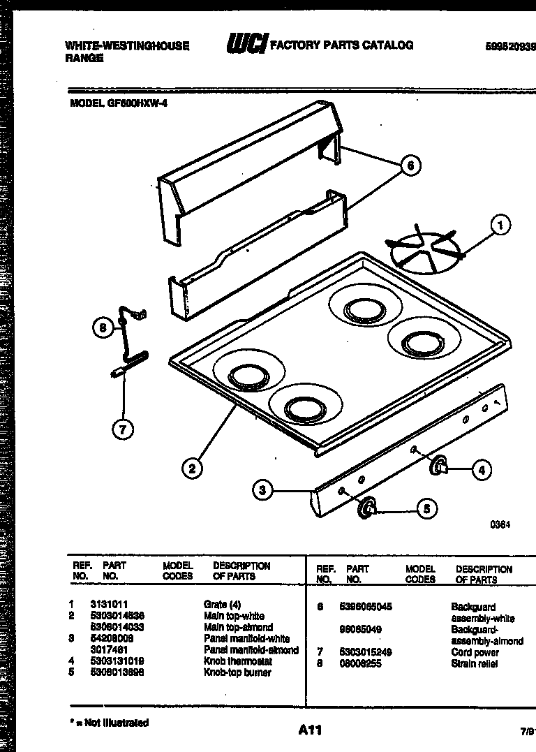White-Westinghouse GF600HXW4 backguard and cooktop parts diagram