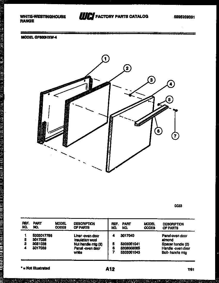 White-Westinghouse GF600HXW4 door parts diagram