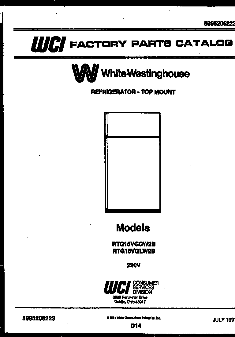 White-Westinghouse RTG15VGCF2B cover page diagram