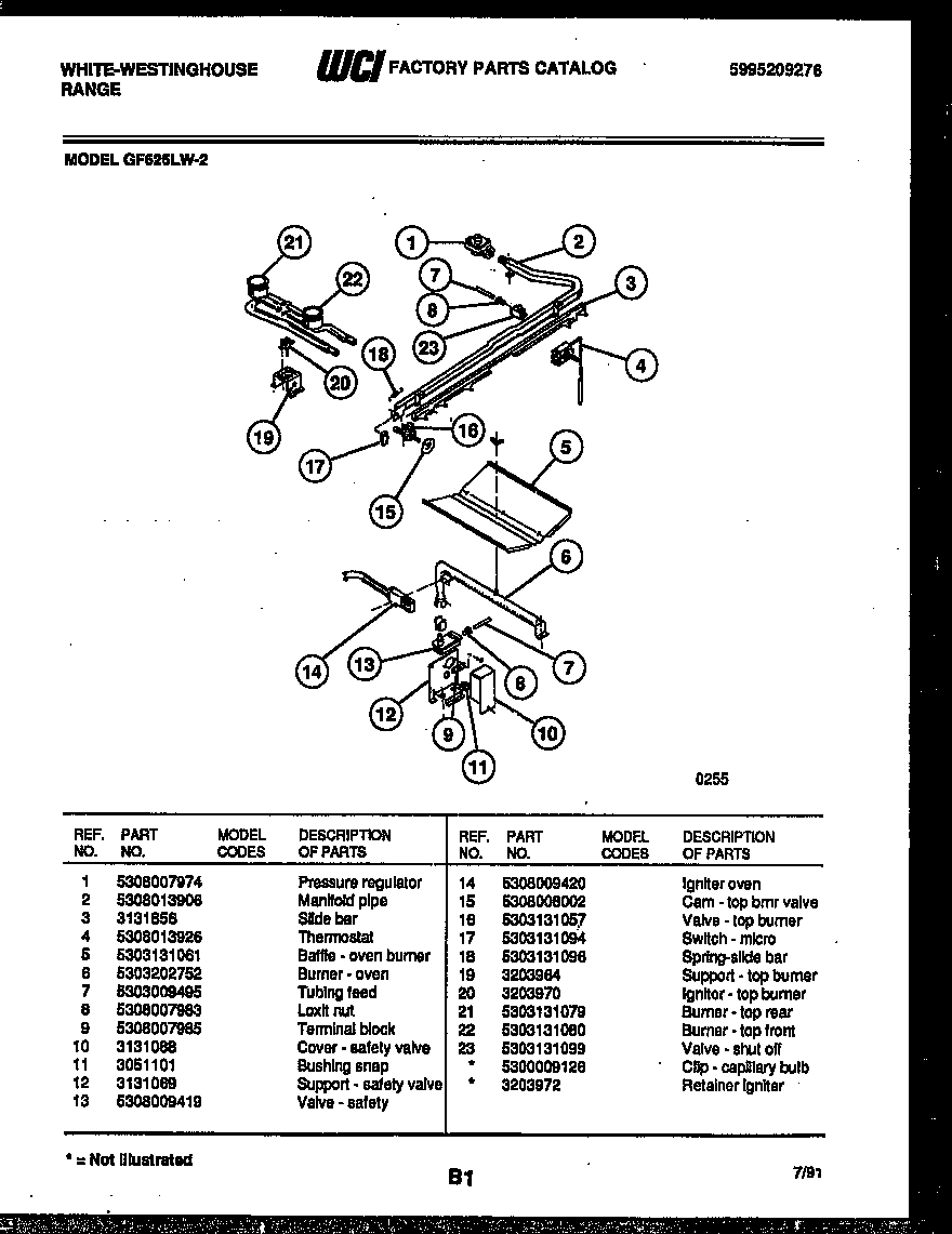 White-Westinghouse GF625LD2 burner, manifold and gas control diagram