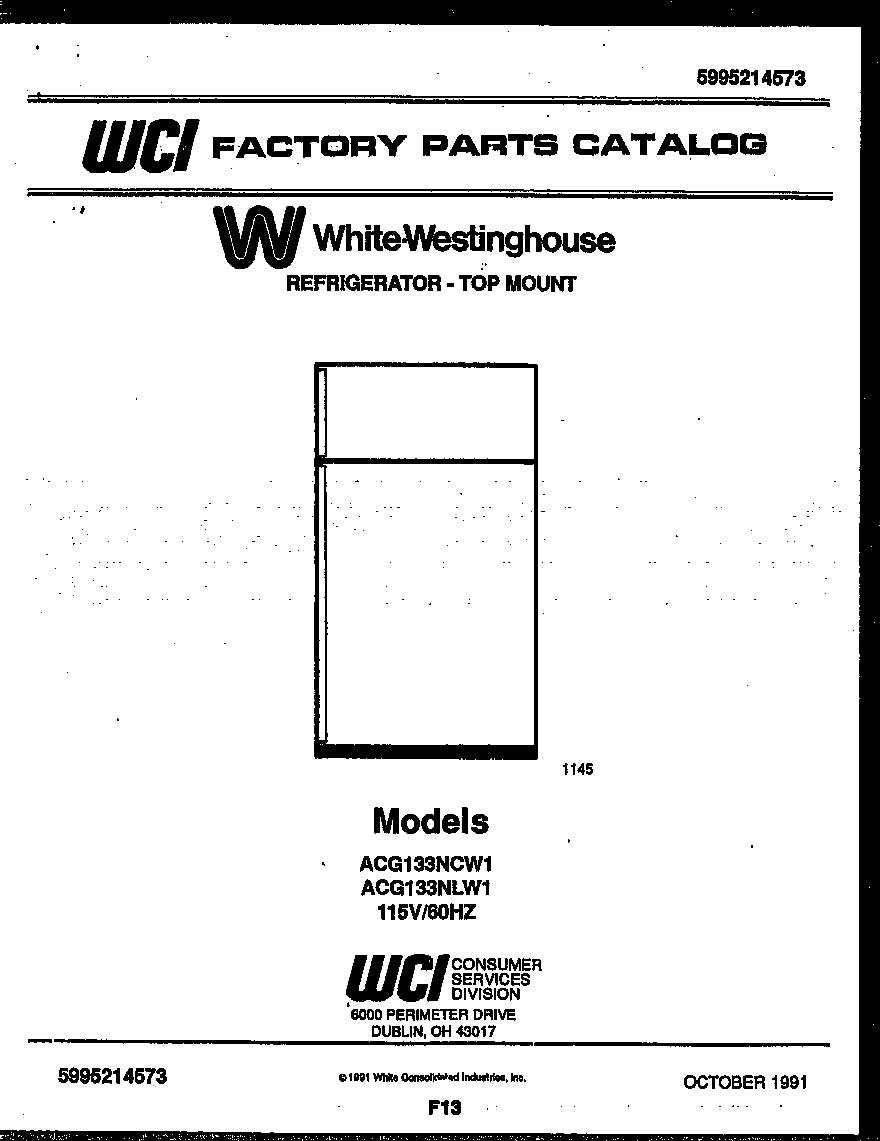 White-Westinghouse ACG133NLW1 cover page diagram