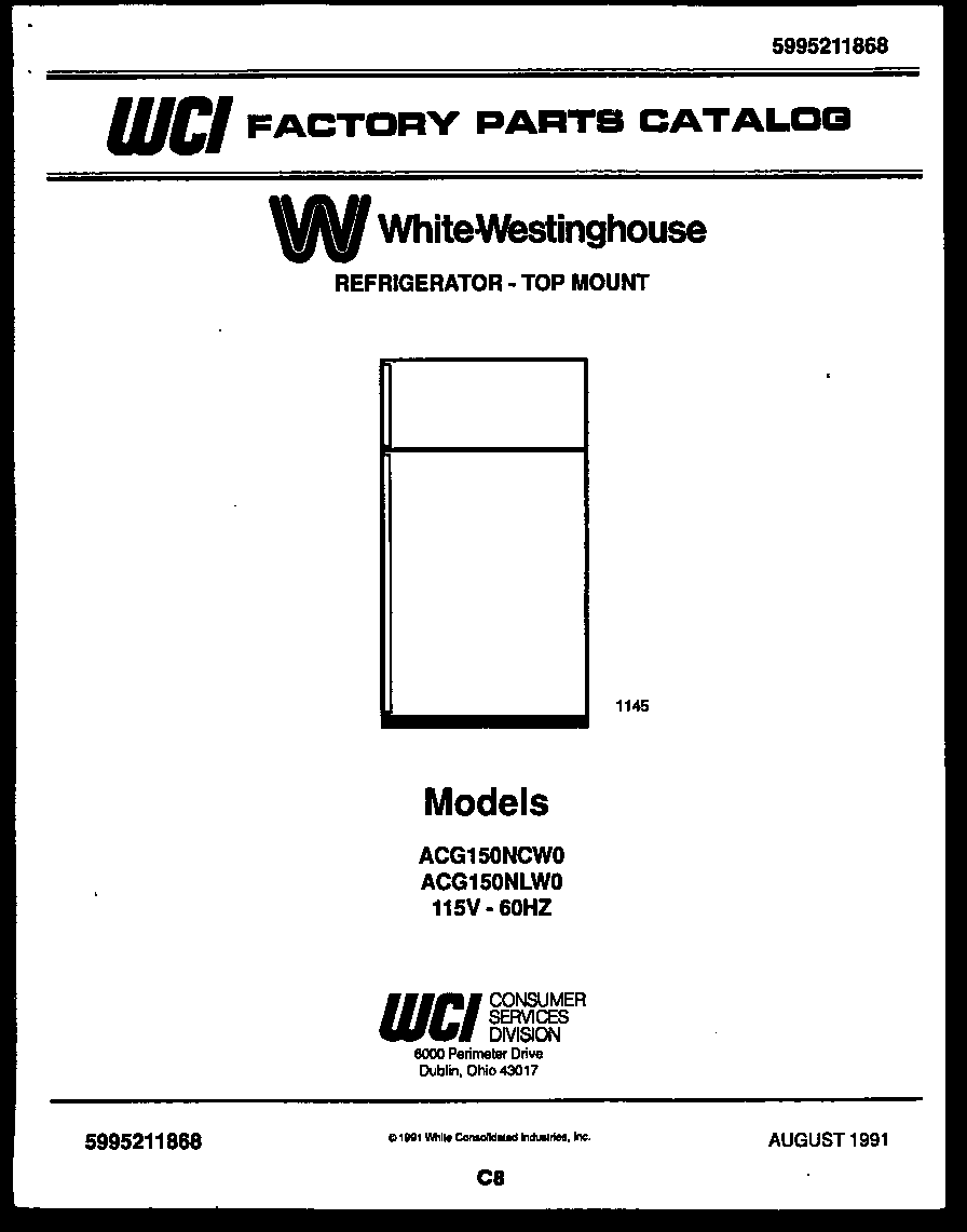 White-Westinghouse ACG150NCW0 cover page diagram