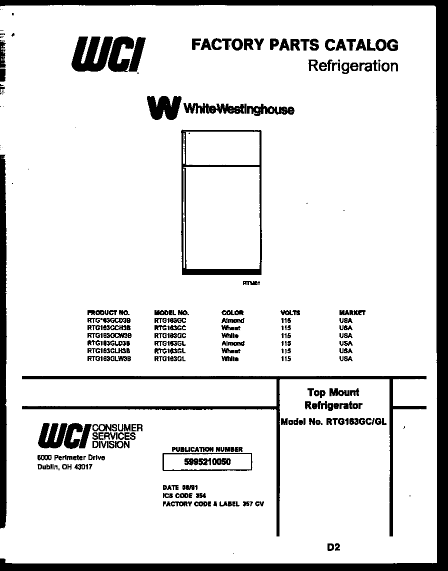 White-Westinghouse RTG163GCH3B cover page diagram